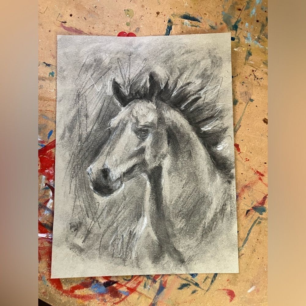 Western Original Painting Colt Horse Art equestrian charcoal pastel Artettina - Picture 3 of 5
